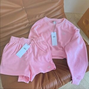 ALO Yoga Blush Pink Athletic Shorts and Sweatshirt Set